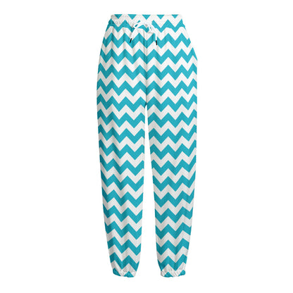 Blue And White Chevron Pattern Print Fleece Lined Knit Pants
