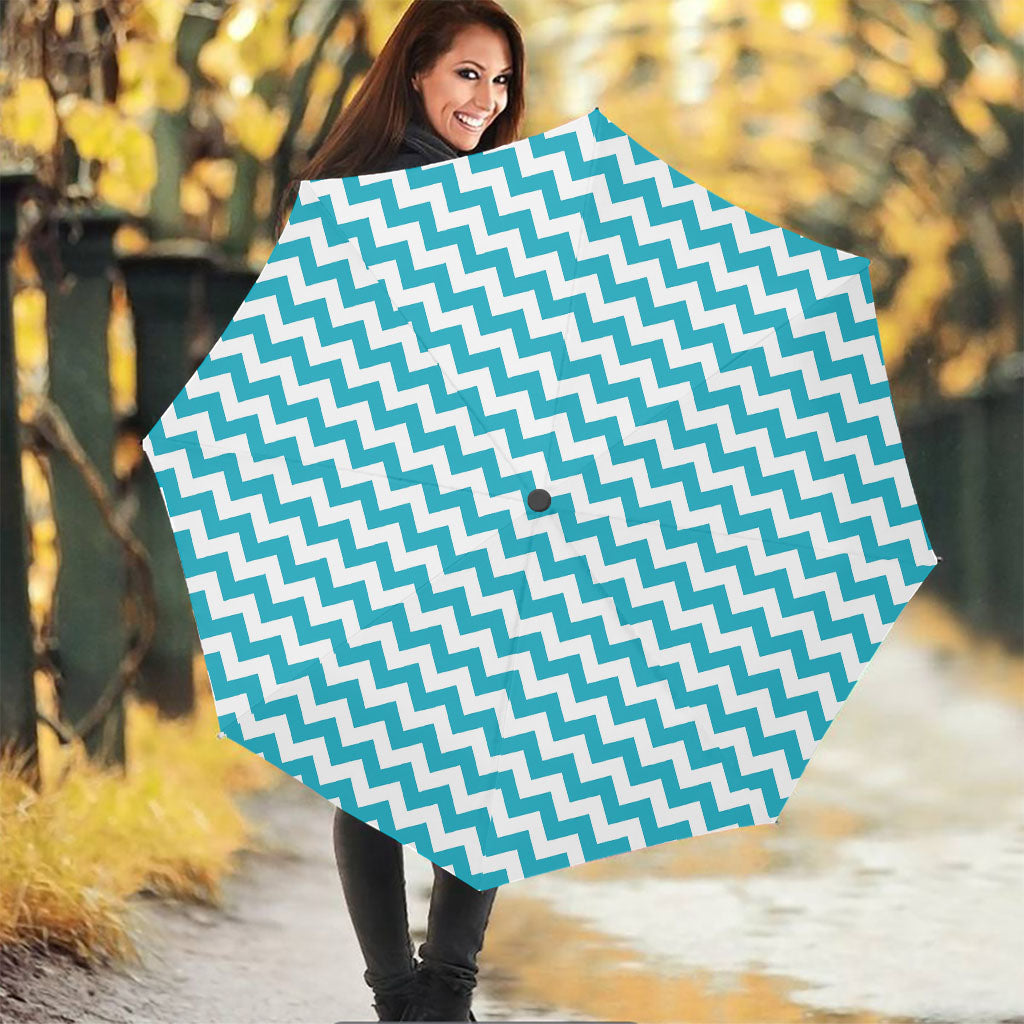 Blue And White Chevron Pattern Print Foldable Umbrella