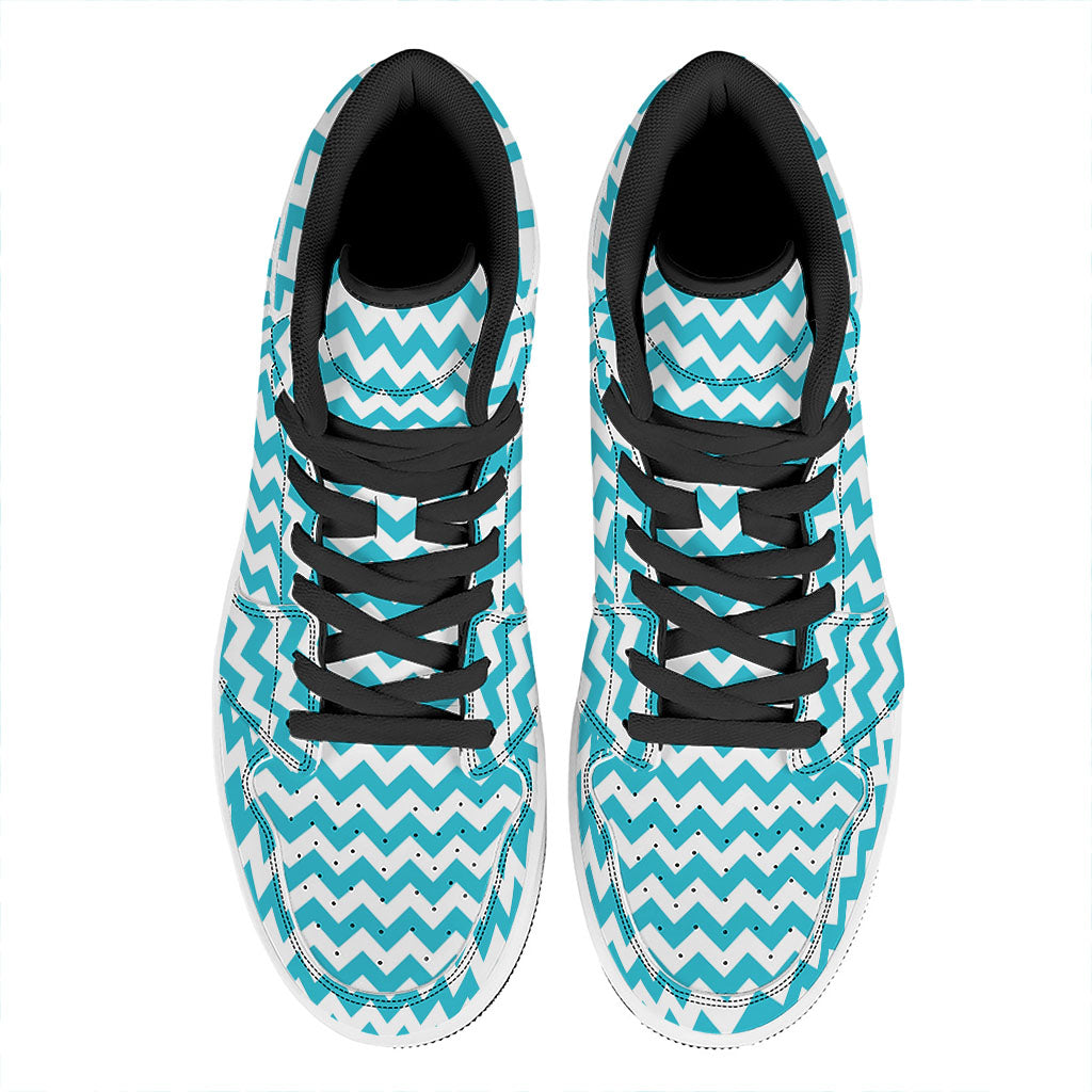 Blue And White Chevron Pattern Print High Top Leather Sneakers
