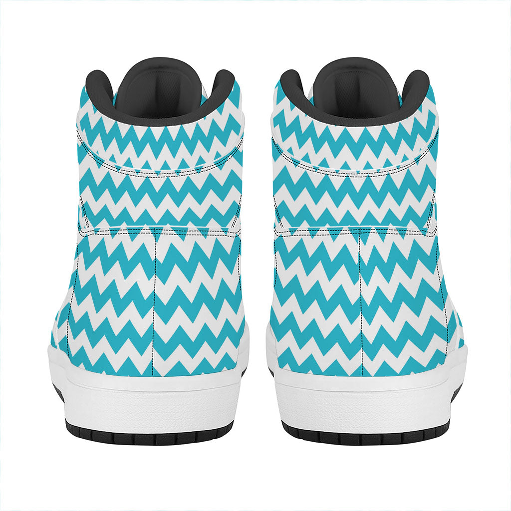 Blue And White Chevron Pattern Print High Top Leather Sneakers