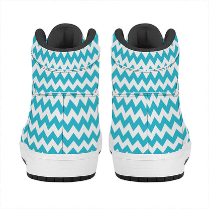 Blue And White Chevron Pattern Print High Top Leather Sneakers
