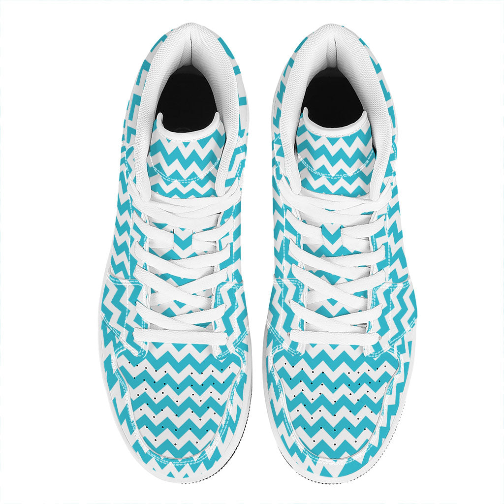 Blue And White Chevron Pattern Print High Top Leather Sneakers
