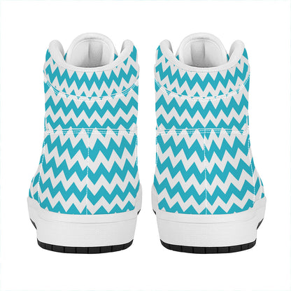 Blue And White Chevron Pattern Print High Top Leather Sneakers