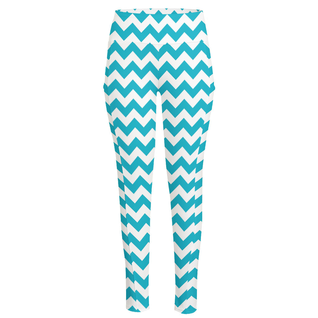 Blue And White Chevron Pattern Print High-Waisted Pocket Leggings