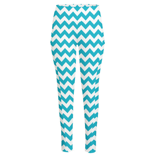 Blue And White Chevron Pattern Print High-Waisted Pocket Leggings