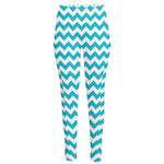 Blue And White Chevron Pattern Print High-Waisted Pocket Leggings