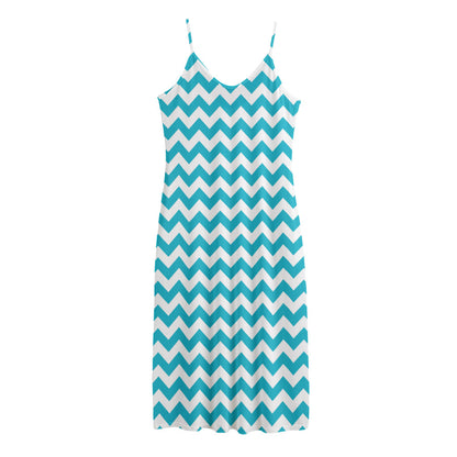 Blue And White Chevron Pattern Print Jersey Midi Cami Dress