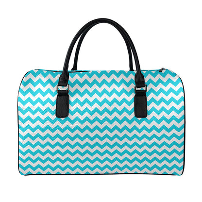 Blue And White Chevron Pattern Print Leather Duffle Bag