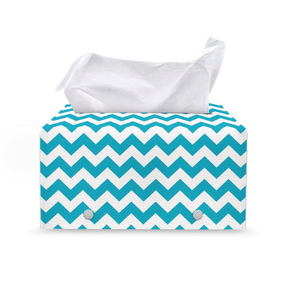 Blue And White Chevron Pattern Print Leather Tissue Box Cover
