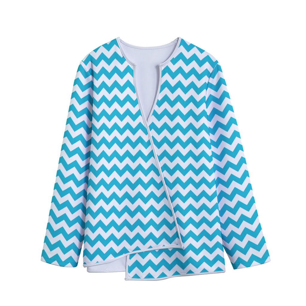 Blue And White Chevron Pattern Print Long Sleeve Short Coat