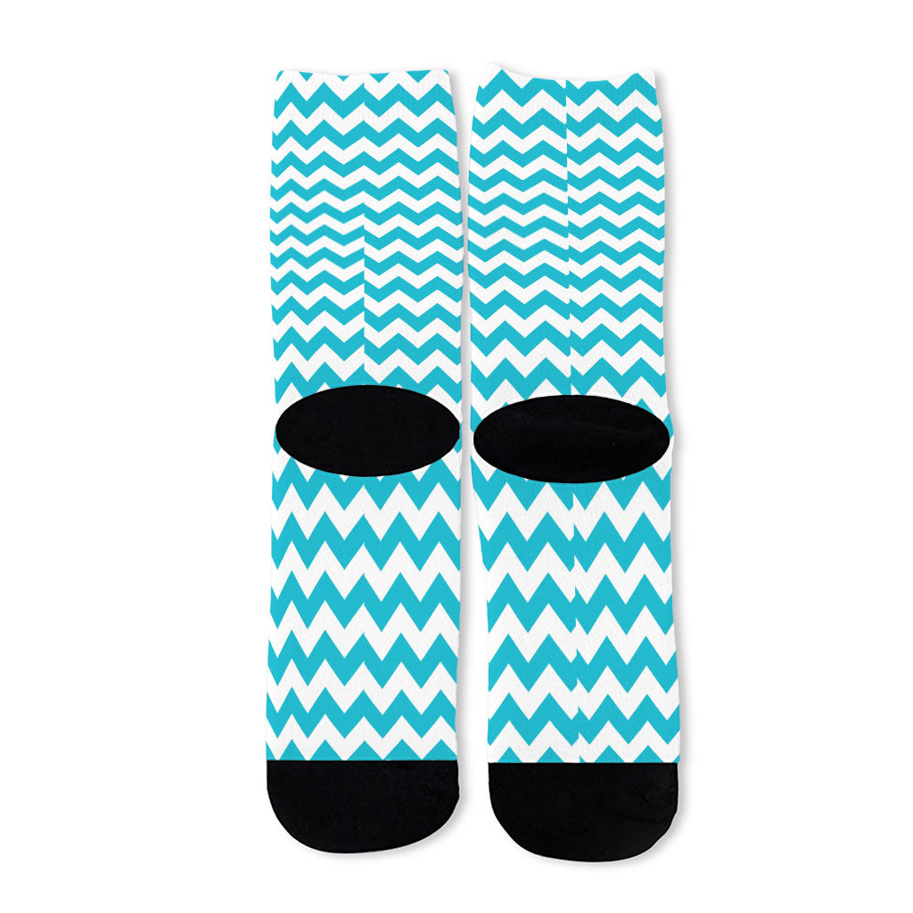 Blue And White Chevron Pattern Print Long Socks