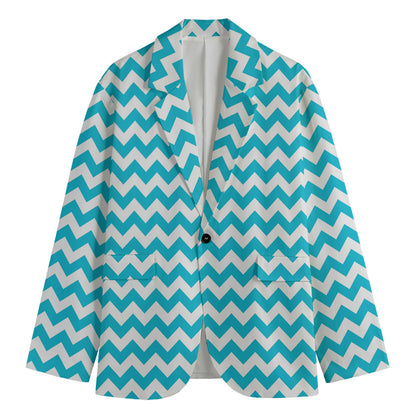 Blue And White Chevron Pattern Print Men's Cotton Blazer