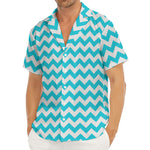 Blue And White Chevron Pattern Print Men's Deep V-Neck Shirt