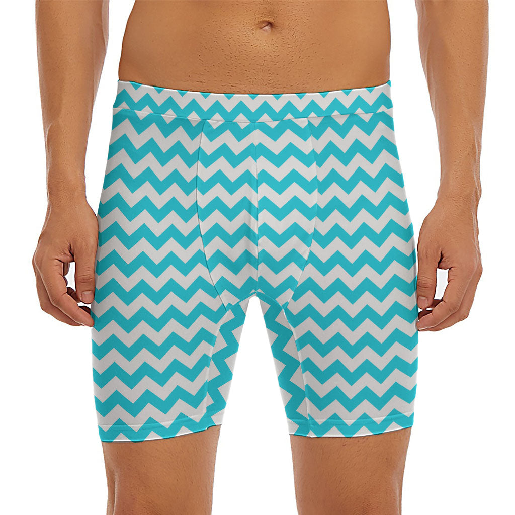 Blue And White Chevron Pattern Print Men's Long Boxer Briefs
