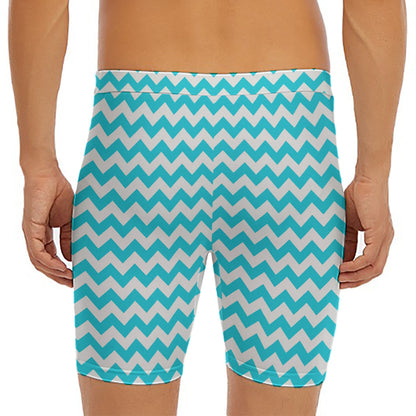 Blue And White Chevron Pattern Print Men's Long Boxer Briefs