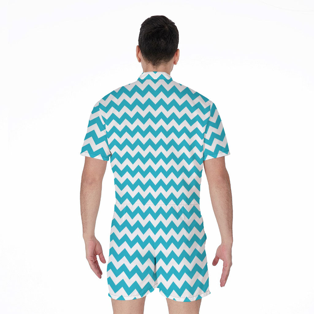 Blue And White Chevron Pattern Print Men's Rompers