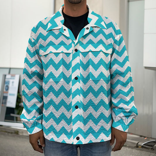 Blue And White Chevron Pattern Print Men's Shirt Jacket