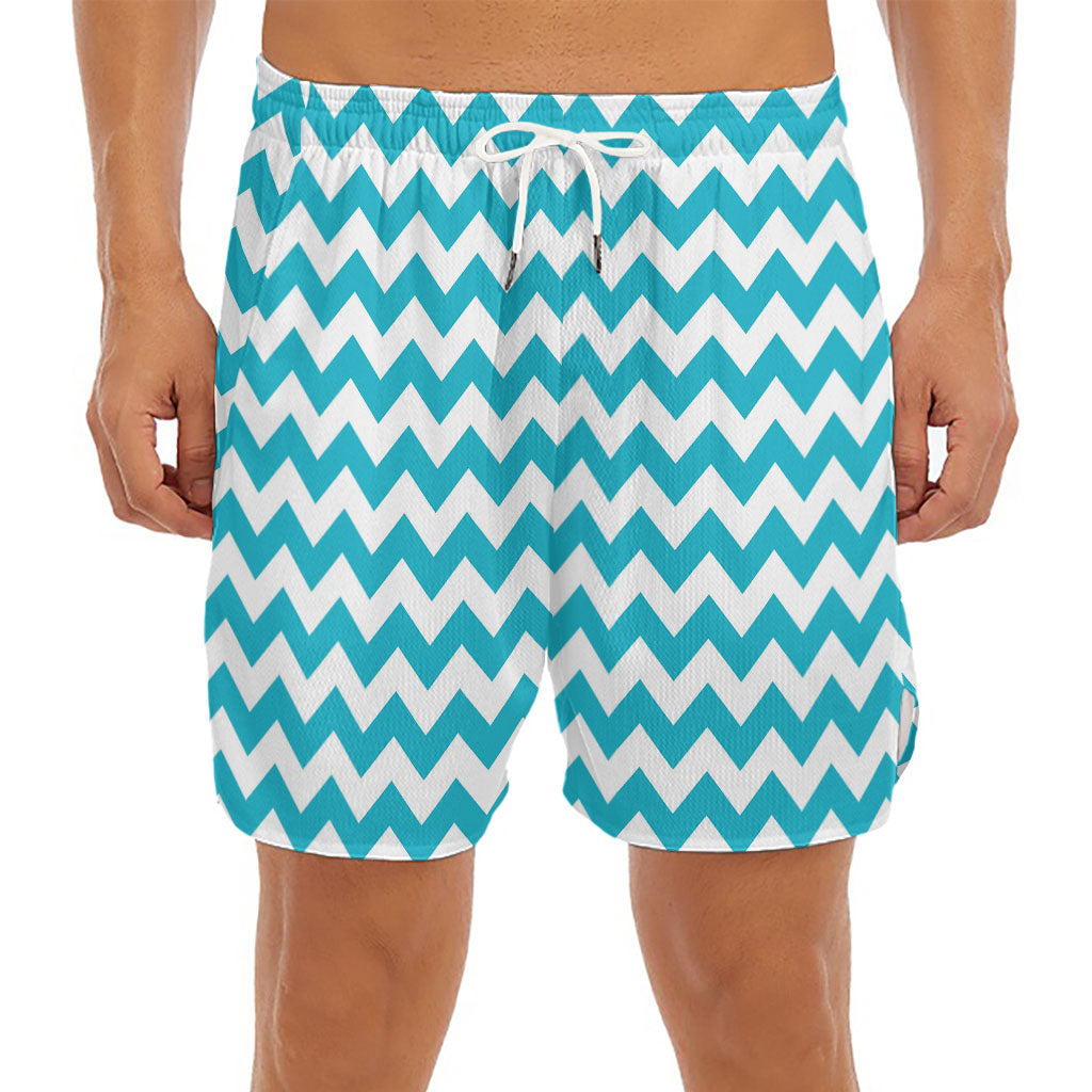 Blue And White Chevron Pattern Print Men's Split Running Shorts