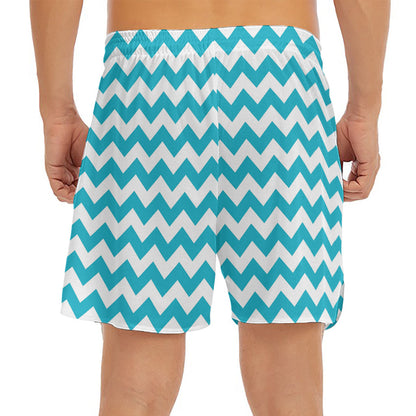 Blue And White Chevron Pattern Print Men's Split Running Shorts