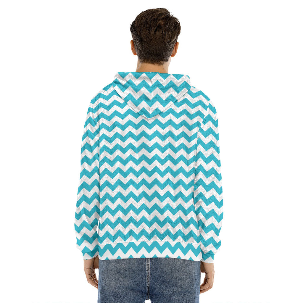 Blue And White Chevron Pattern Print Men's Velvet Pullover Hoodie