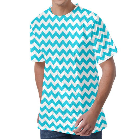 Blue And White Chevron Pattern Print Men's Velvet T-Shirt