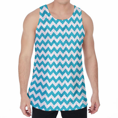 Blue And White Chevron Pattern Print Men's Velvet Tank Top