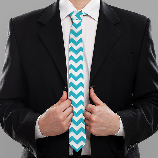Blue And White Chevron Pattern Print Necktie