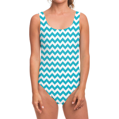 Blue And White Chevron Pattern Print One Piece Swimsuit