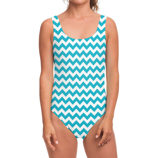 Blue And White Chevron Pattern Print One Piece Swimsuit