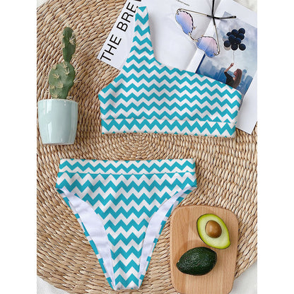 Blue And White Chevron Pattern Print One Shoulder Bikini Top