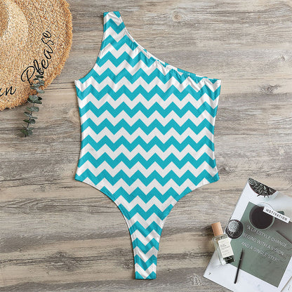 Blue And White Chevron Pattern Print One Shoulder Bodysuit