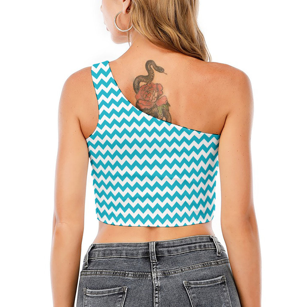 Blue And White Chevron Pattern Print One Shoulder Crop Top