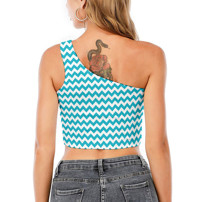 Blue And White Chevron Pattern Print One Shoulder Crop Top