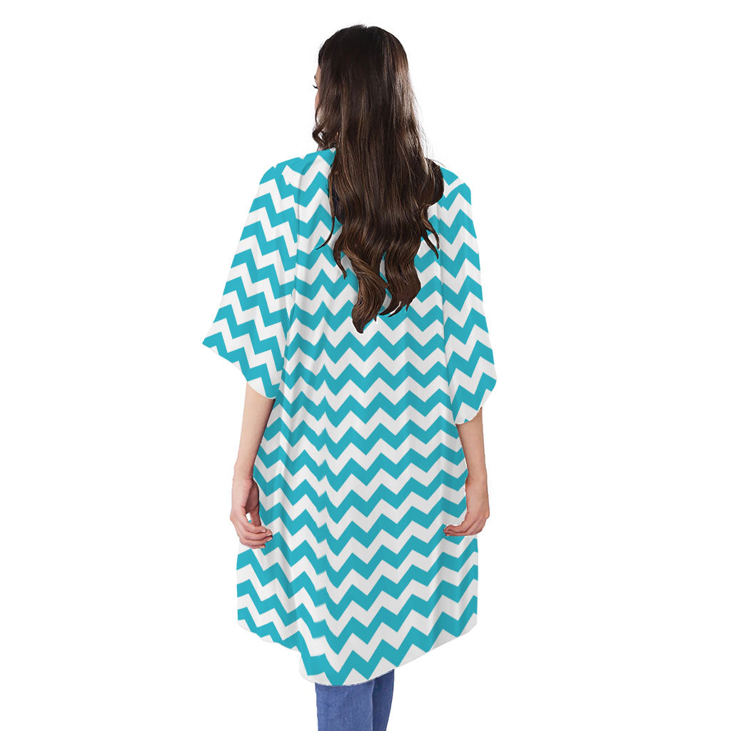 Blue And White Chevron Pattern Print Open Front Beach Cover Up