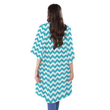 Blue And White Chevron Pattern Print Open Front Beach Cover Up