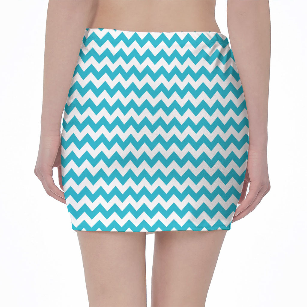 Blue And White Chevron Pattern Print Pencil Mini Skirt