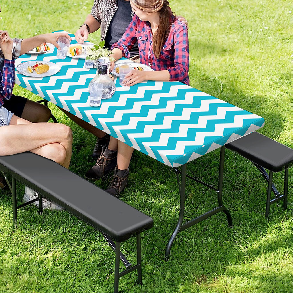Blue And White Chevron Pattern Print Picnic Table Cover
