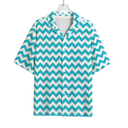 Blue And White Chevron Pattern Print Rayon Hawaiian Shirt