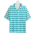 Blue And White Chevron Pattern Print Rayon Hawaiian Shirt