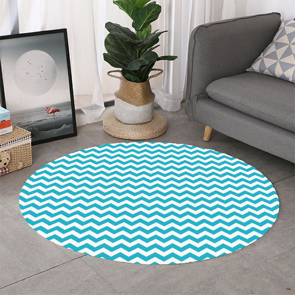 Blue And White Chevron Pattern Print Round Rug