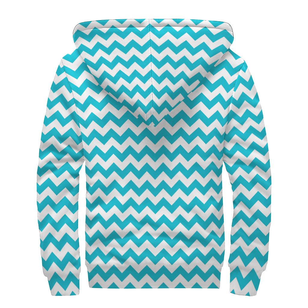 Blue And White Chevron Pattern Print Sherpa Lined Zip Up Hoodie
