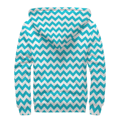 Blue And White Chevron Pattern Print Sherpa Lined Zip Up Hoodie