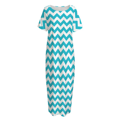 Blue And White Chevron Pattern Print Short Sleeve Long Nightdress