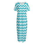 Blue And White Chevron Pattern Print Short Sleeve Long Nightdress