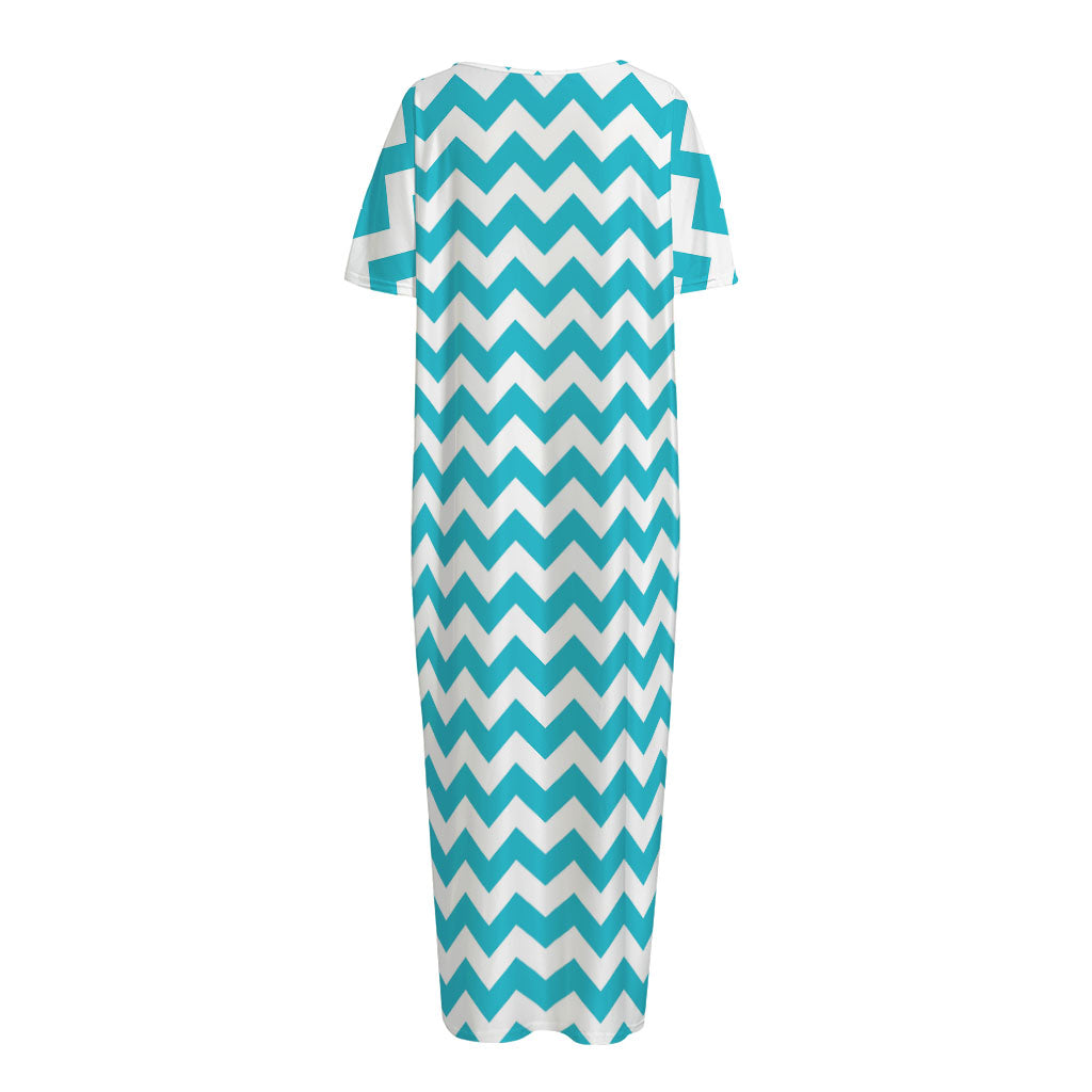 Blue And White Chevron Pattern Print Short Sleeve Long Nightdress
