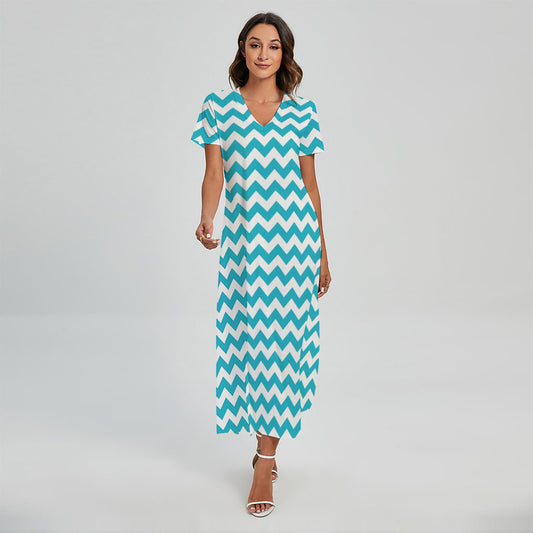 Blue And White Chevron Pattern Print Short Sleeve Maxi Dress