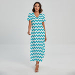 Blue And White Chevron Pattern Print Short Sleeve Maxi Dress
