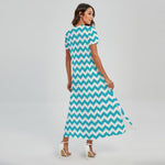 Blue And White Chevron Pattern Print Short Sleeve Maxi Dress