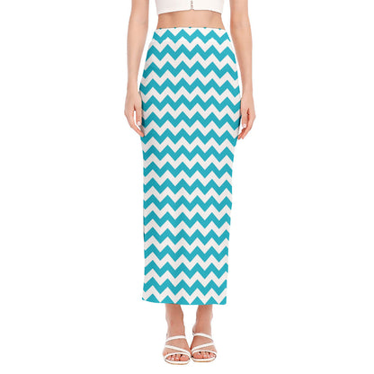 Blue And White Chevron Pattern Print Side Slit Maxi Skirt