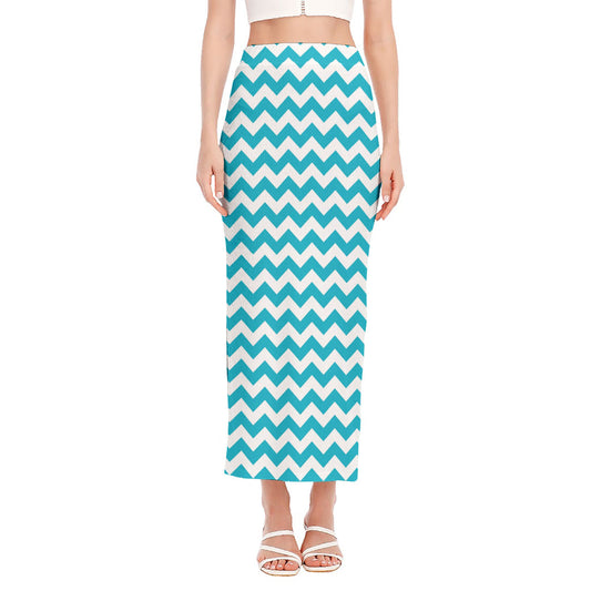 Blue And White Chevron Pattern Print Side Slit Maxi Skirt